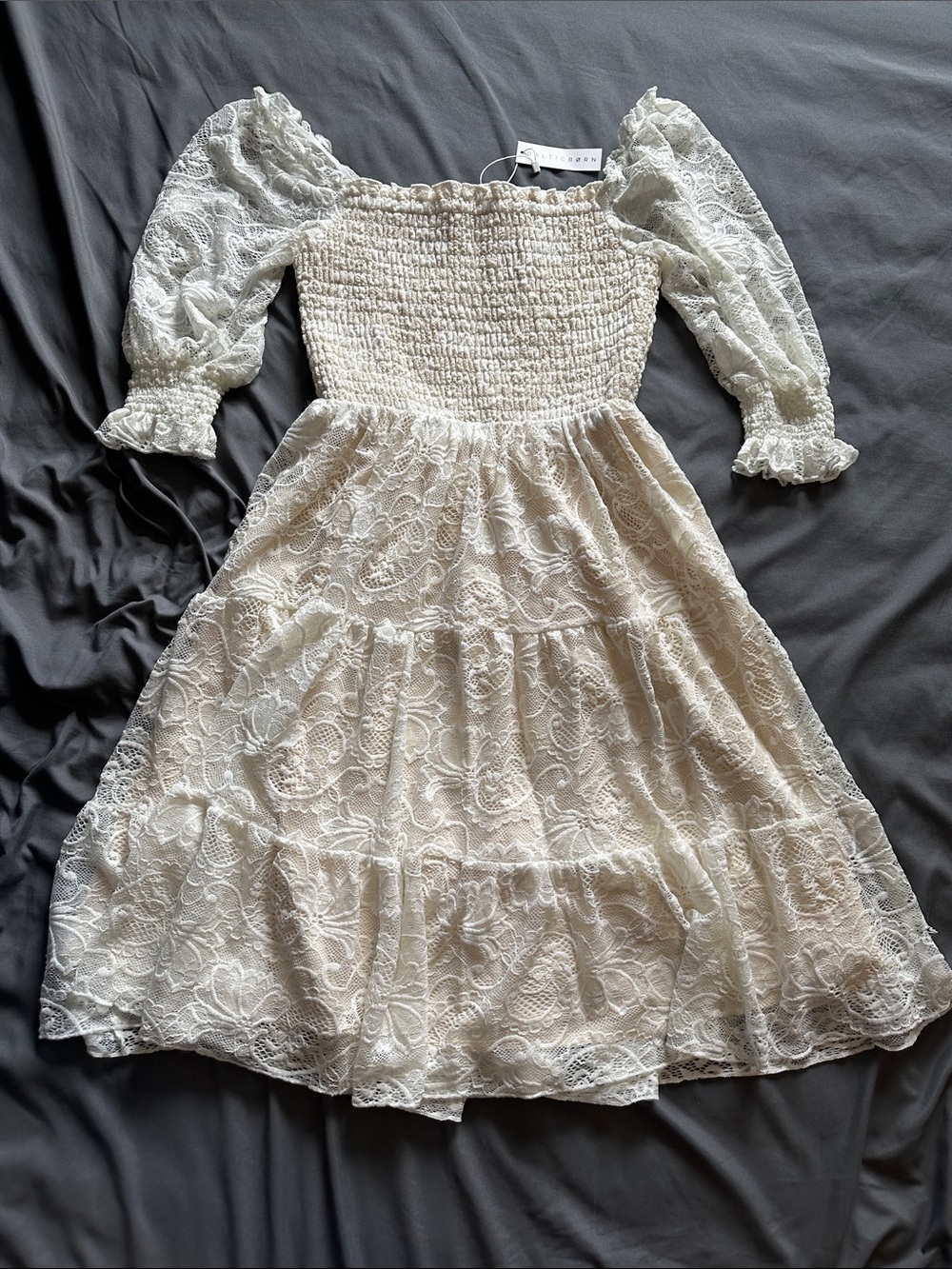 Baltic Born Tate Smocked Lace Mini Dress in Off White